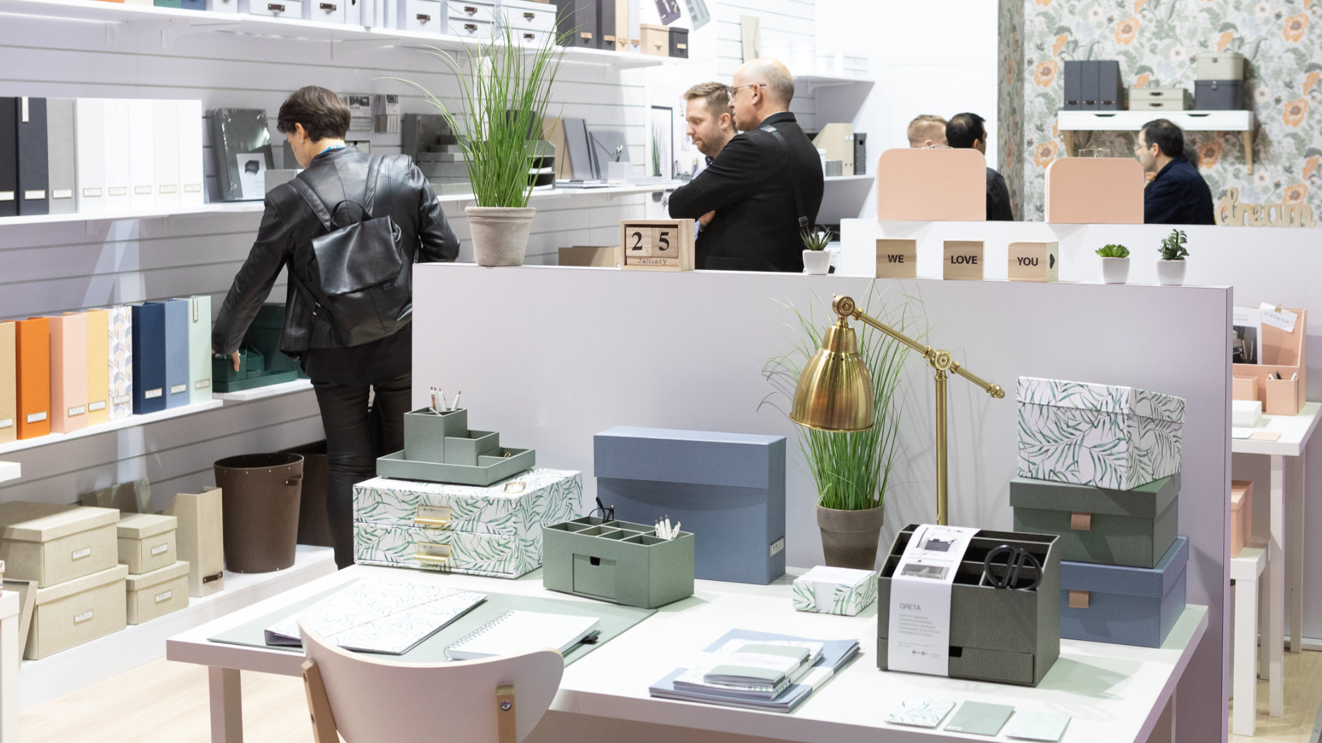 paper and office supplies at a trade fair booth