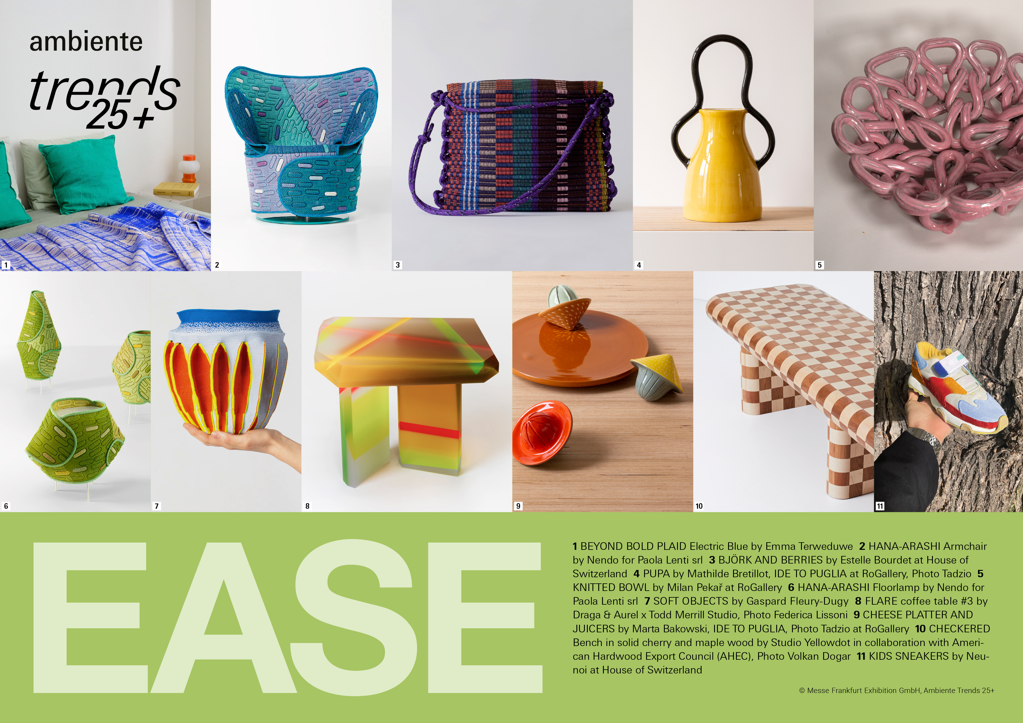 EASE celebrates the pure joy of experimenting with unconventional ideas, materials and materials: strong patterns, textures and a variety of colours create a cheerful, inspiring living environment. Graphic: Messe Frankfurt