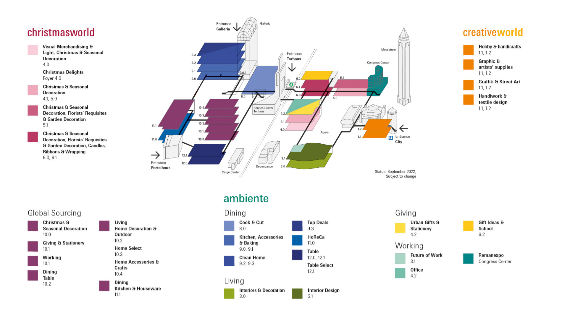 In 2023, under the motto „Home of Consumer Goods“, Ambiente, Christmasworld, and Creativeworld will be held simultaneously, Graphic: Messe Frankfurt